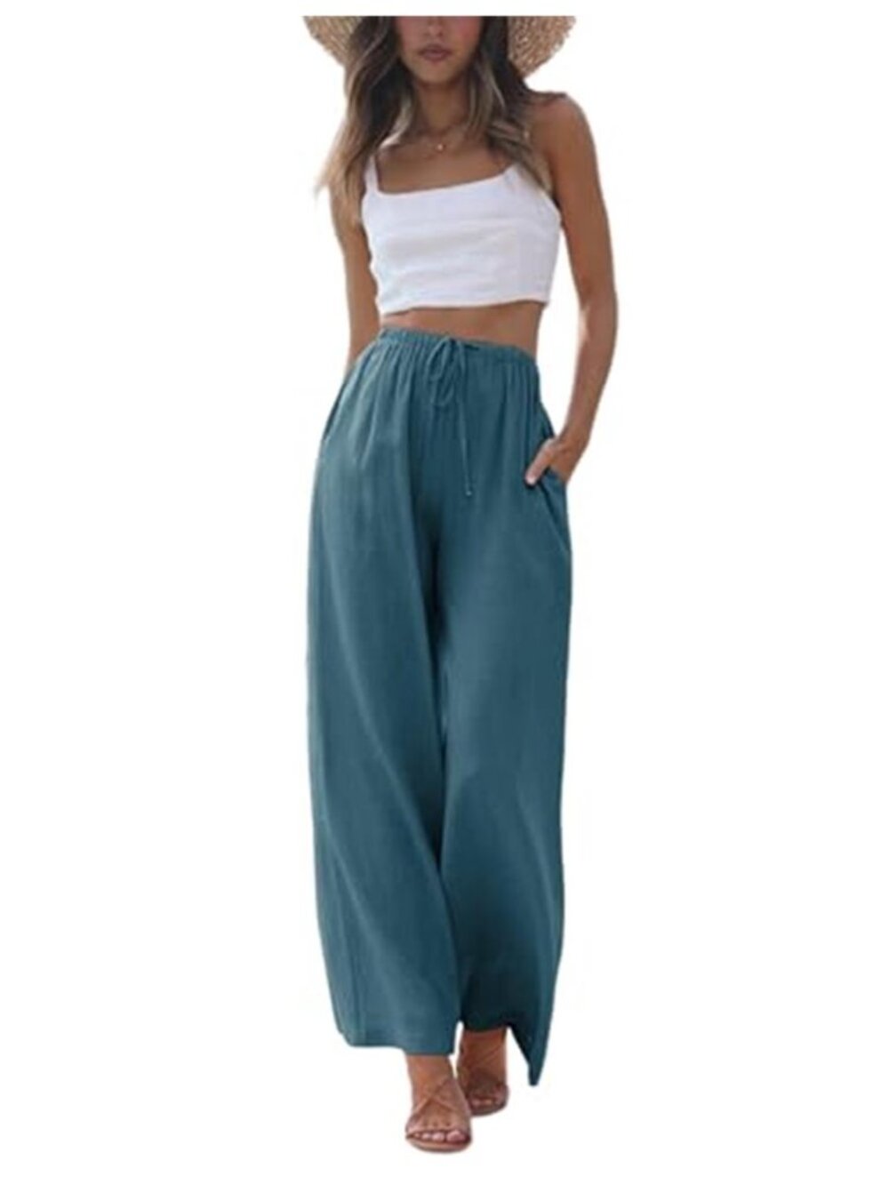 Blue Wide Leg Palazzo Pants Linen Cotton Flowy High Rise Beach Trousers Pocket